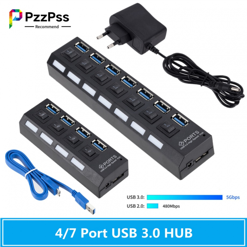 PzzPss USB 3.0 Hub USB Hub 3.0 Multi USB Splitter Use Power Adapter 4 7 Port Multiple Expander 2.0 USB3 Hub with Switch for PC