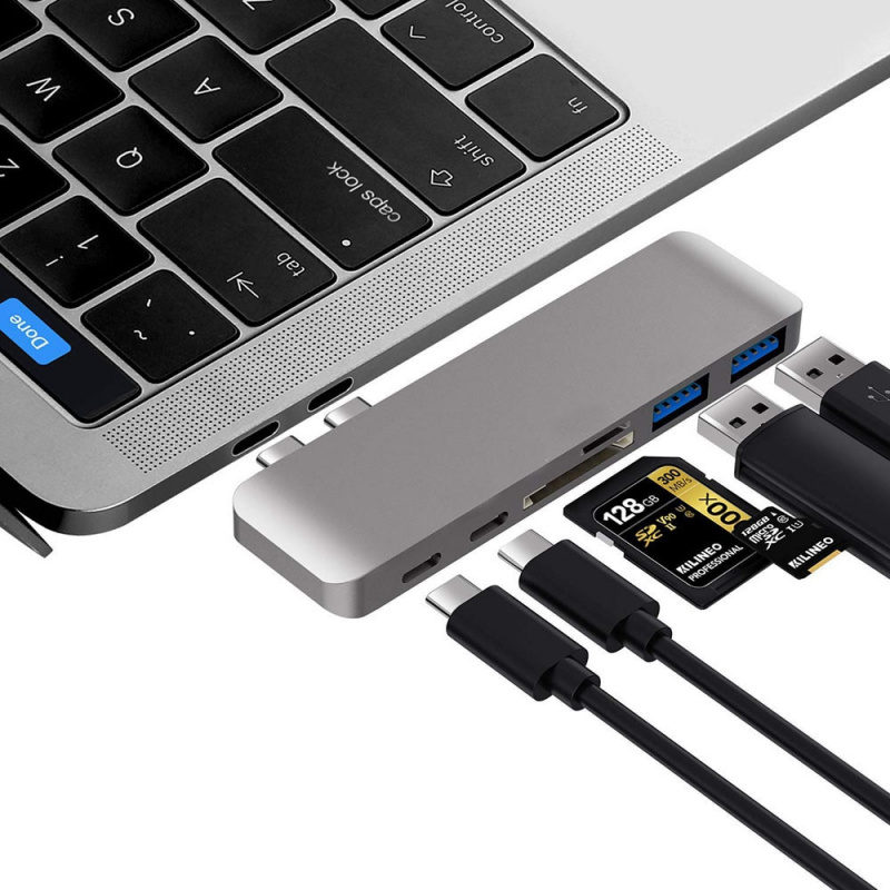 6 In 1 Aluminum USB C Hub USB Type C Hub Adapter Dongle Compatible For MacBook Pro 13  15   2016 2017 Thunderbolt 3 USB-C Data