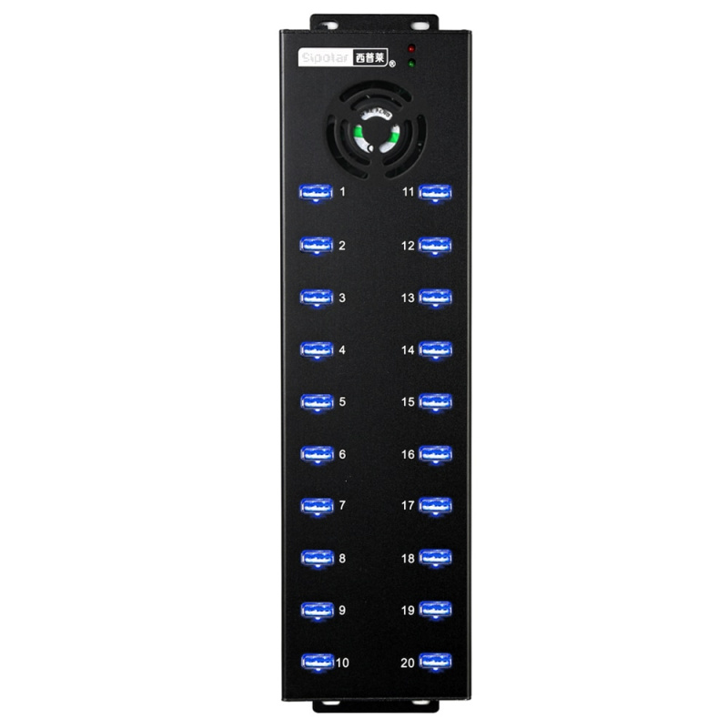 Sipolar 20 端口工業 USB 集線器分路器，每個端口 1A 充電和同步 USB 2.0 集線器，適用於礦工手機平板電腦 - 黑色