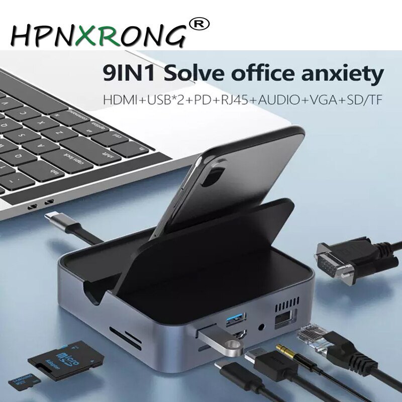 9 合 1 USB C 集線器多適配器擴展塢，帶 HDMI 以太網音頻 USB C 加密狗，適用於 MacBook Dell HP Lenovo ThinkPad Surface