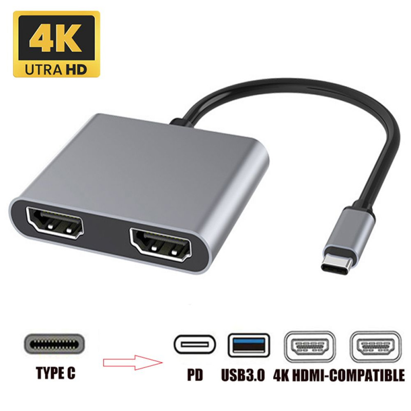 全新 USB C 集線器 Type-C 轉雙 HDMI 適配器 4K 60Hz 屏幕擴展 4 合 1 USB 3.0 擴展塢站適用於筆記本電腦手機 PC