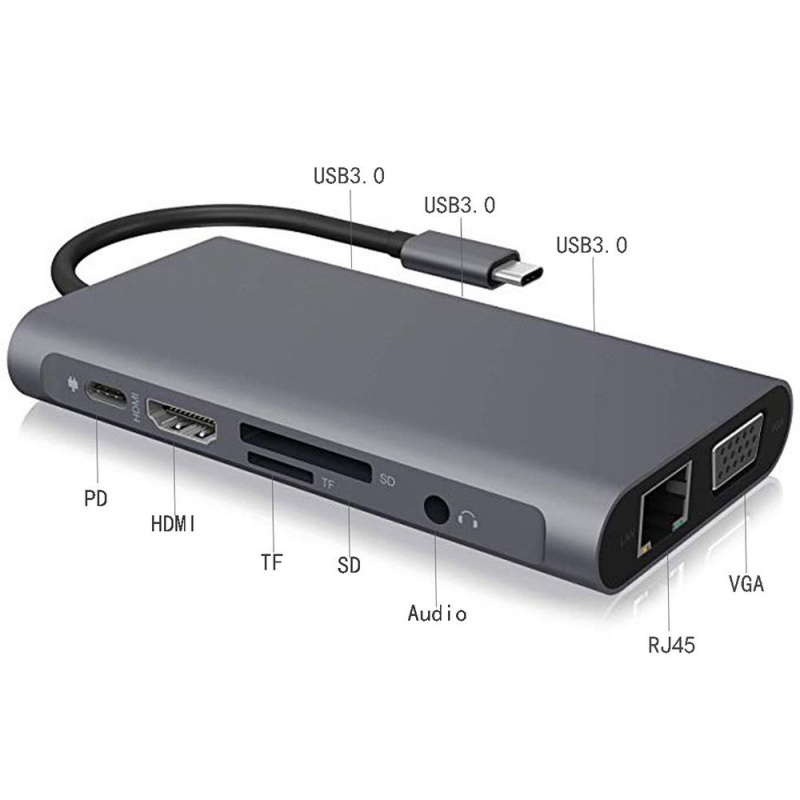 10 合 1 USB C 集線器 Type-C 分配器 4K HDMI 多端口適配器擴展塢 SD TF 千兆以太網適用於 PC Macbook Air M1 iPad Pro