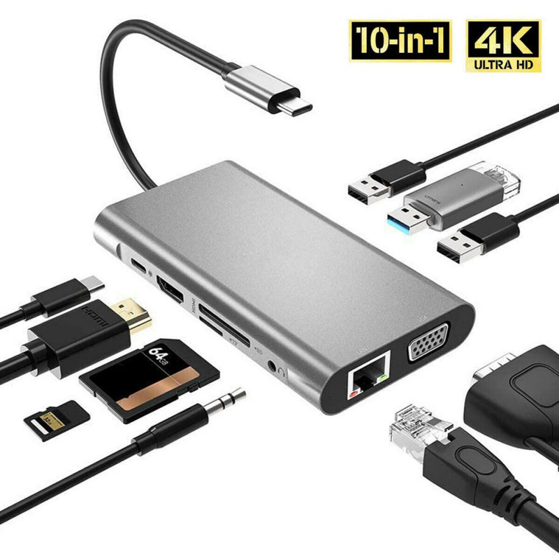 10 合 1 USB C 集線器 Type-C 分配器 4K HDMI 多端口適配器擴展塢 SD TF 千兆以太網適用於 PC Macbook Air M1 iPad Pro