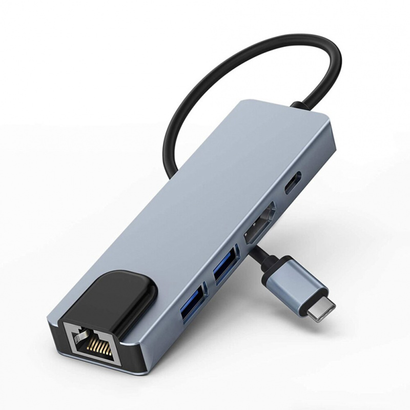 5 合 1 集線器 USB C 型 HDMI 兼容多端口適配器，帶輸出 USB 3.0 2.0 RJ45 以太網 USB C PD 充電端口