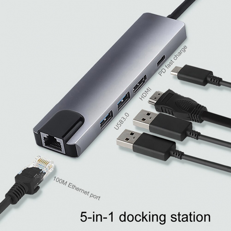 5 合 1 集線器 USB C 型 HDMI 兼容多端口適配器，帶輸出 USB 3.0 2.0 RJ45 以太網 USB C PD 充電端口