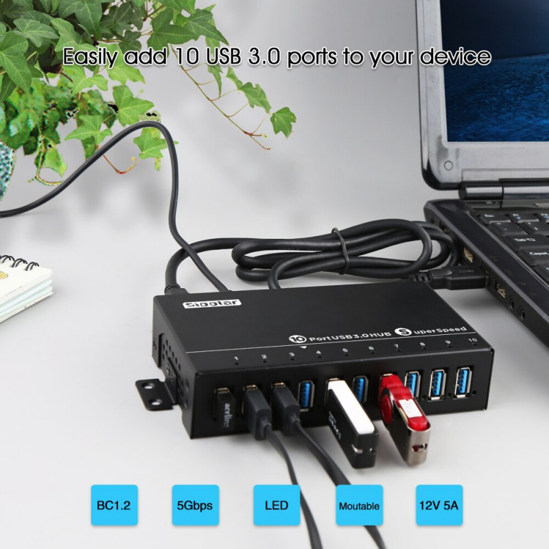 Sipolar 工業 10 端口 USB 3.0 數據和充電器可安裝堅固的 USB 集線器，帶壁掛式，適用於裝配線服務器機架