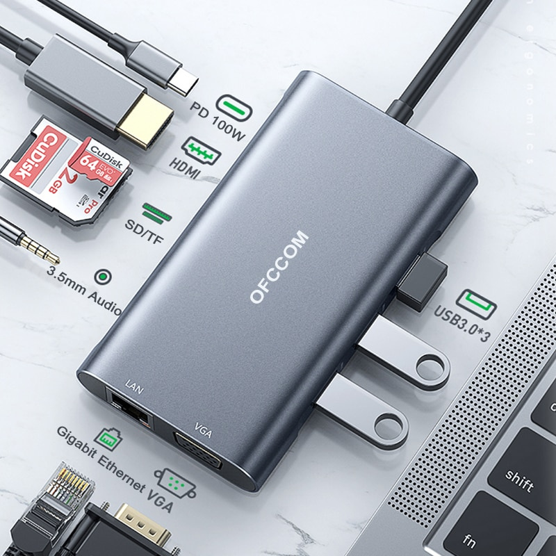 OFCCOM USB C 集線器 Type C 3.1 至 4k HDMI PD 100W RJ45 Lan 以太網 USB3.0 適配器底座適用於 MacBook Air Pro PC 配件 USB 集線