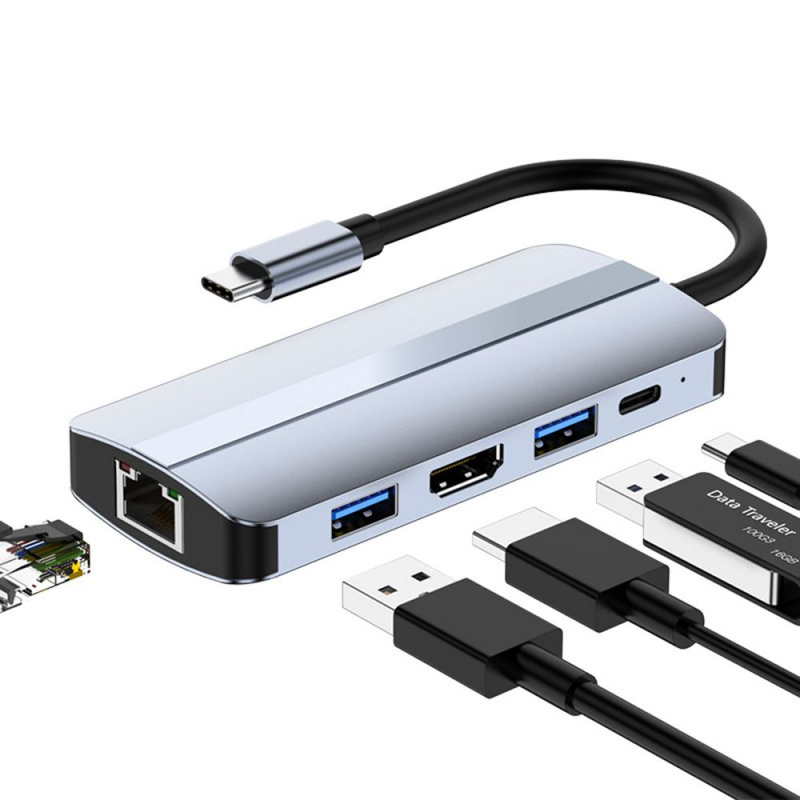 5 合 1 USB C 集線器 Type-c 擴展塢 4K HDMI USB 3.0 PD 充電千兆以太網多端口適配器分配器適用於筆記本電腦