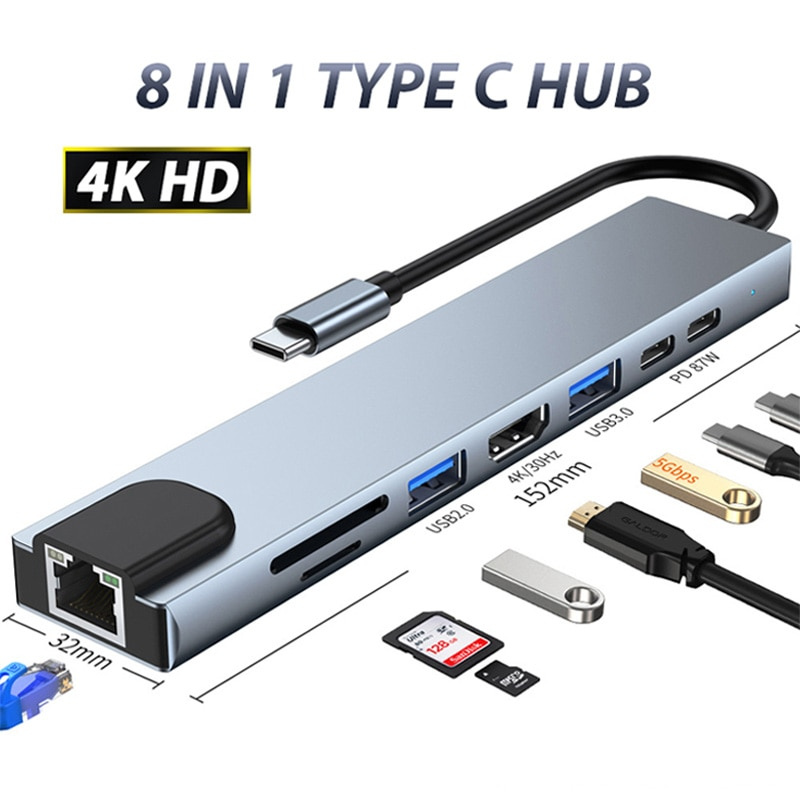 集線器 USB C 3 轉 HDMI 兼容 PD 充電 5 6 8 11 端口擴展塢 RJ45 帶 PD TF SD USB 集線器 3 0 分離器適用於 Macbook Pro Air