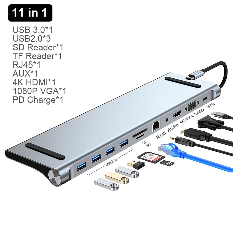 USB C HUB C 型筆記本電腦擴展塢 11 合 1 帶 PD SD TF RJ45 分配器至 HDMI 4K 1080P 87W 適配器適用於 Macbook 適用於華為