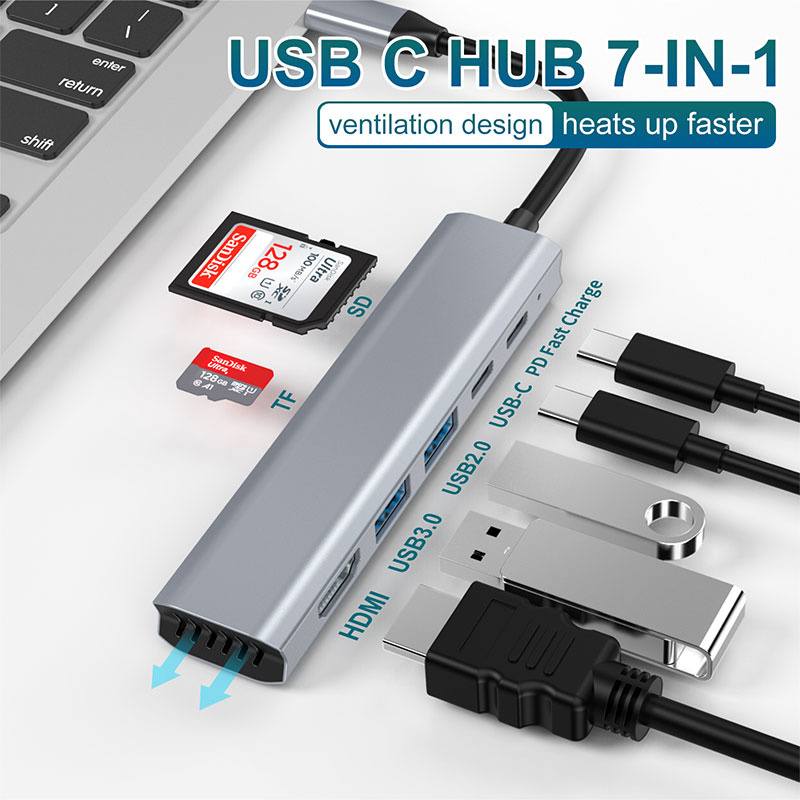 USB C 型集線器分離器，帶 USB3.0 2.0 4K HDMI PD 高速數據傳輸，適用於 PC 筆記本電腦 Macbook 通風散熱