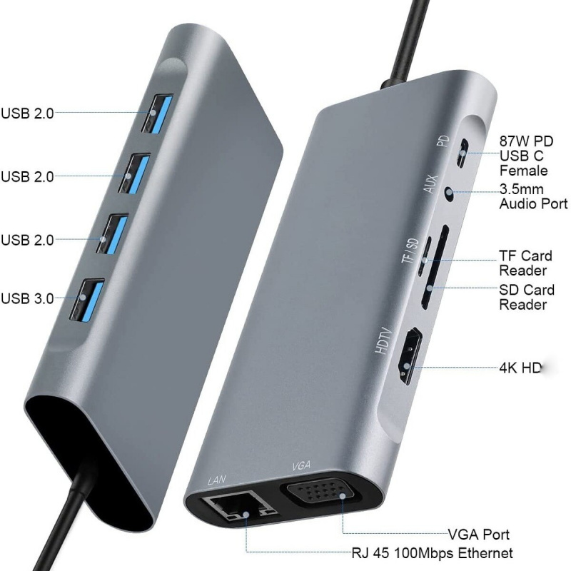 USB C HUB C 型適配器轉 4K HDMI 兼容 VGA RJ45 Lan 以太網 SD TF 集線器 11 合 1 擴展塢，適用於 Macbook Pro 分離器