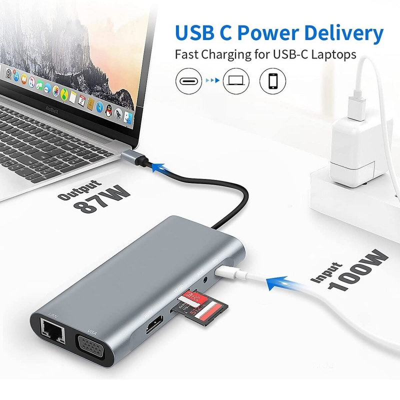 USB C HUB C 型適配器轉 4K HDMI 兼容 VGA RJ45 Lan 以太網 SD TF 集線器 11 合 1 擴展塢，適用於 Macbook Pro 分離器