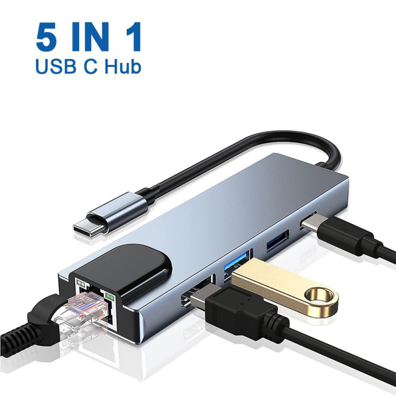 5 合 1 USB C 集線器轉以太網 Rj45 Lan Type C 集線器 USB 3 適配器帶 4K HDMI Thunderbolt 3 USB-C 充電器 PD 適用於 Mac Book Pro Air