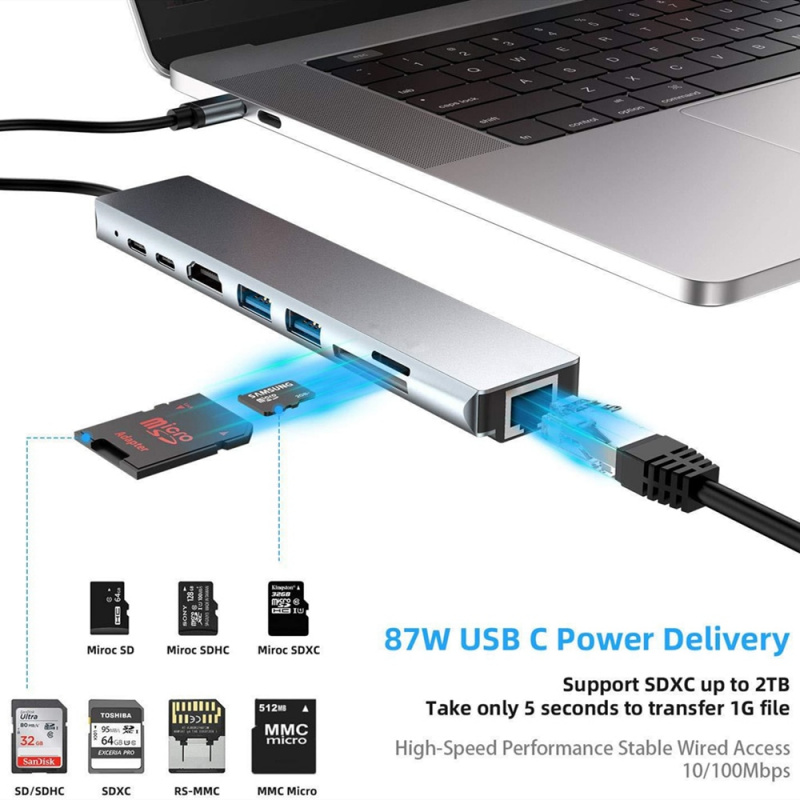 tebe USB Type-C 集線器轉 4K HDMI RJ45 USB SD TD 讀卡器 PD 快速充電 8 合 1 多功能適配器適用於 MacBook Pro