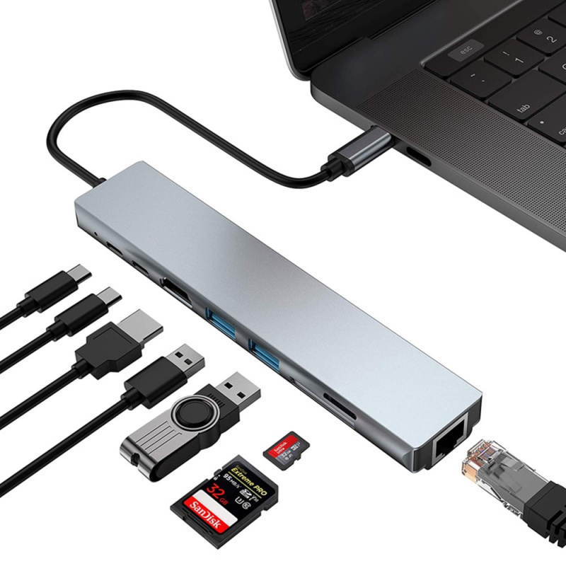 tebe USB Type-C 集線器轉 4K HDMI RJ45 USB SD TD 讀卡器 PD 快速充電 8 合 1 多功能適配器適用於 MacBook Pro