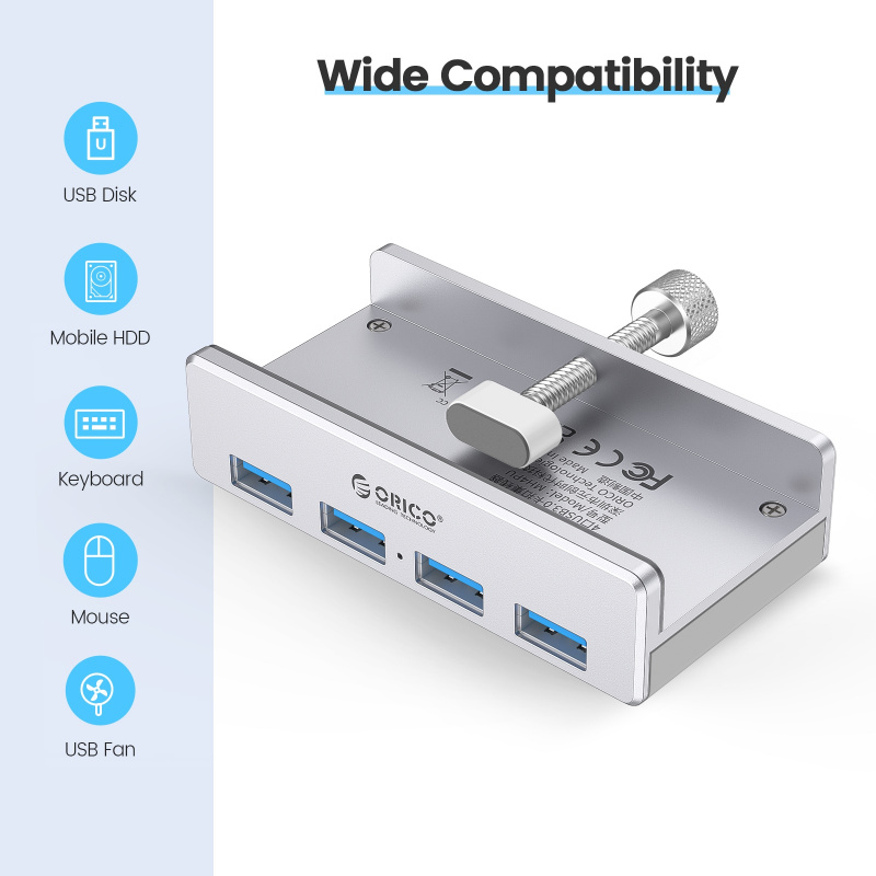 ORICO MH4PU 鋁製 4 端口 USB 3.0 夾式集線器適用於台式筆記本電腦夾子範圍 10-32 毫米帶 150 厘米數據線 - 銀色