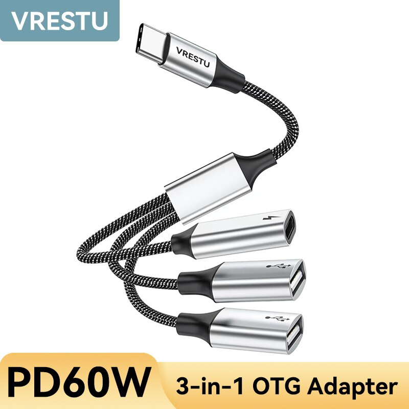 USB C 轉雙 USB 2.0 Type C OTG 適配器多端口 USB 數據 PD60W 充電集線器擴展塢適用於三星華為 iPad Chromecast 電視
