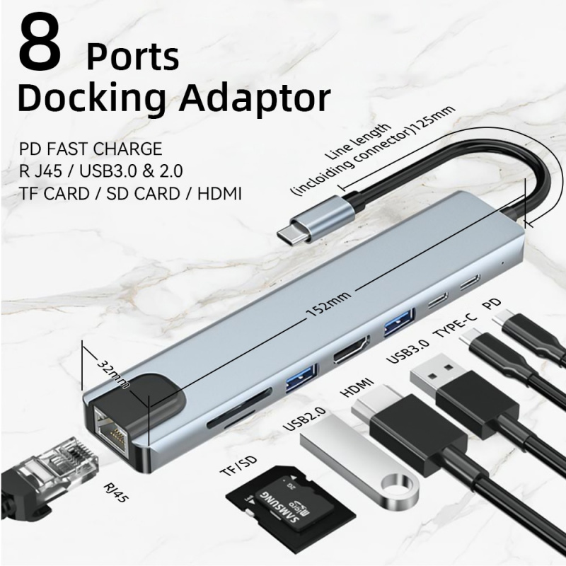 4   8 in 1 USB 3.0 Hub For Laptop Adapter PC PD Charge 8 Ports Dock Station RJ45 HDMI-4K TF SD Card For