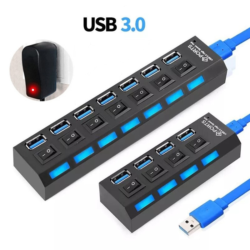 USB 3.0 集線器多 USB 分配器 4 7 端口多擴展器 2.0 電源適配器帶開關電源適用於筆記本電腦