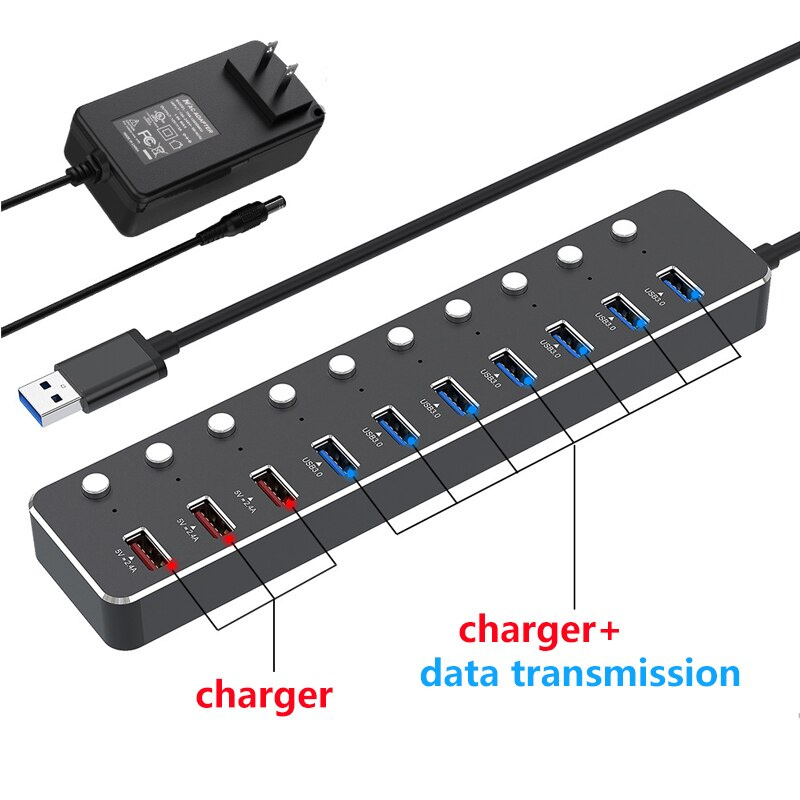 帶電源適配器的 USB 集線器 10 端口高速 USB 3.0 充電器分離器多擴展器 2.0 帶開關用於 PC 配件