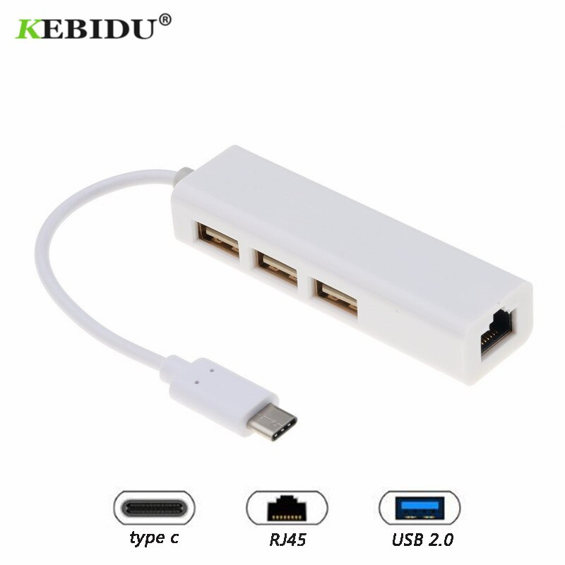 KEBIDU USB C 轉以太網適配器帶 C 型 USB 2.0 集線器 3 端口 RJ45 網卡局域網適配器適用於 Macbook USB-C 類型