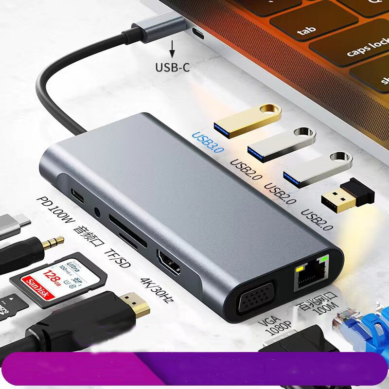 11 in 1 USB C HUB 4K Type-C to HDMI-compatible VGA Rj45 USB 3.0 PD 87W Adapter Type C 1000 Docking For PC Macbook HUB USB-C Type