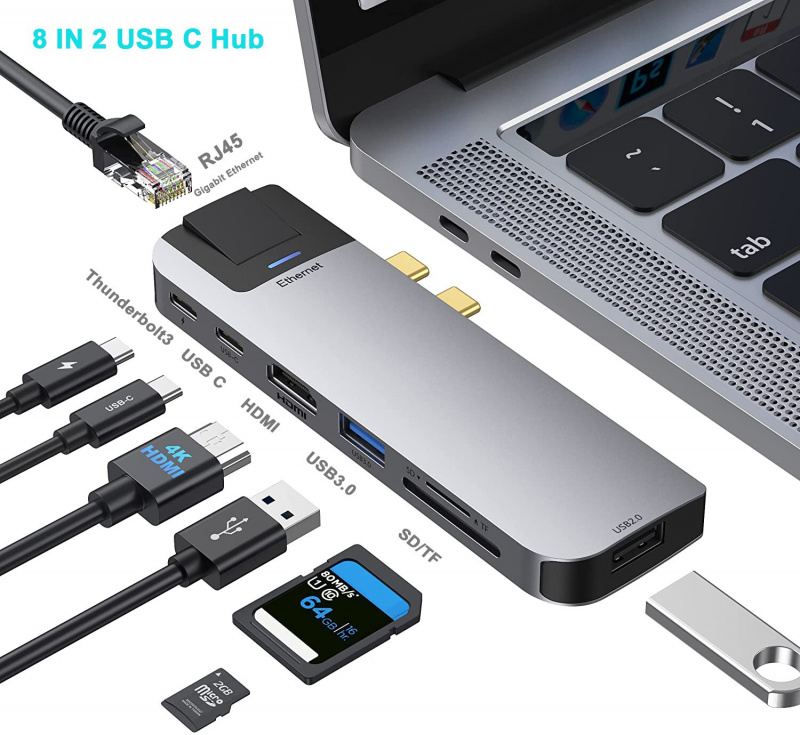 8 合 1 Type-C 集線器轉 RJ45 千兆 HDMI 適配器 4K Thunderbolt 3 USB C 集線器帶 USB 3.1 TF SD 讀卡器插槽 PD 適用於 MacBook Pro Air