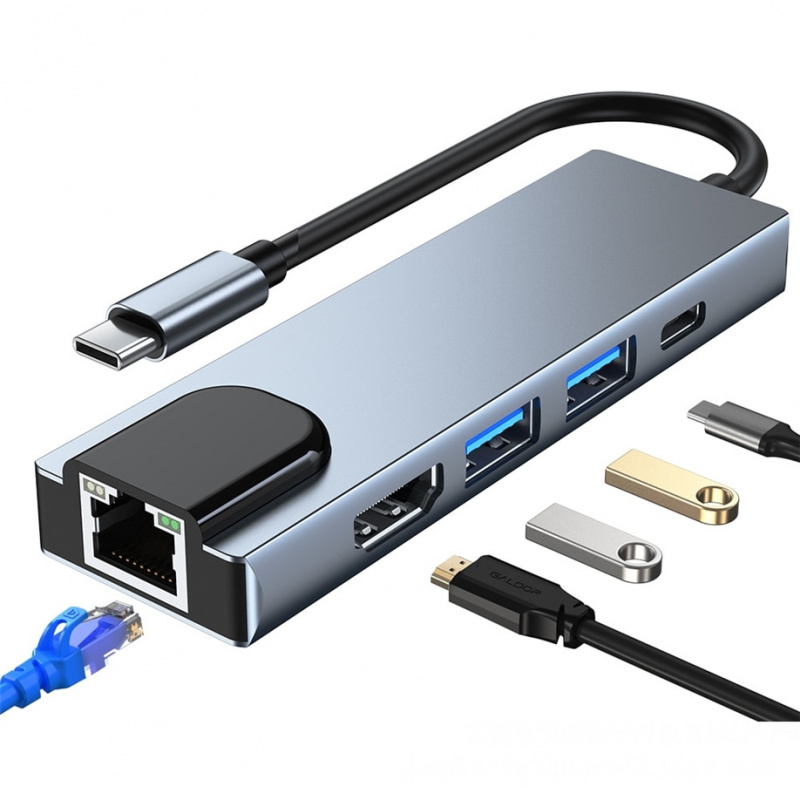 5 合 1 USB C 型轉 HDMI 4K USB C 集線器 3.0 轉千兆 100M 以太網 Rj45 Lan 適配器適用於 Macbook Pro Thunderbolt 3 充電器端口