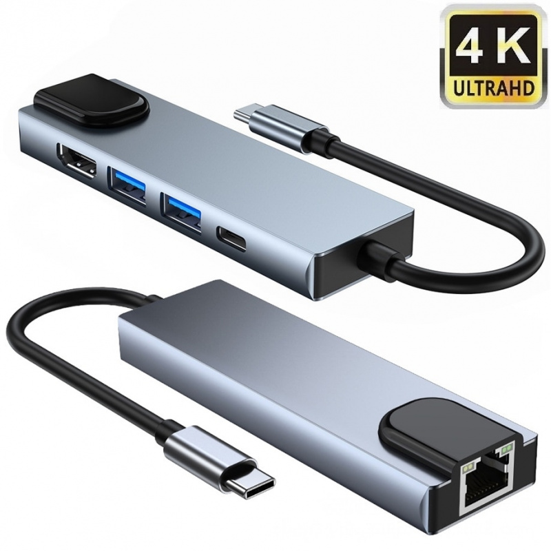 5 合 1 USB C 型轉 HDMI 4K USB C 集線器 3.0 轉千兆 100M 以太網 Rj45 Lan 適配器適用於 Macbook Pro Thunderbolt 3 充電器端口