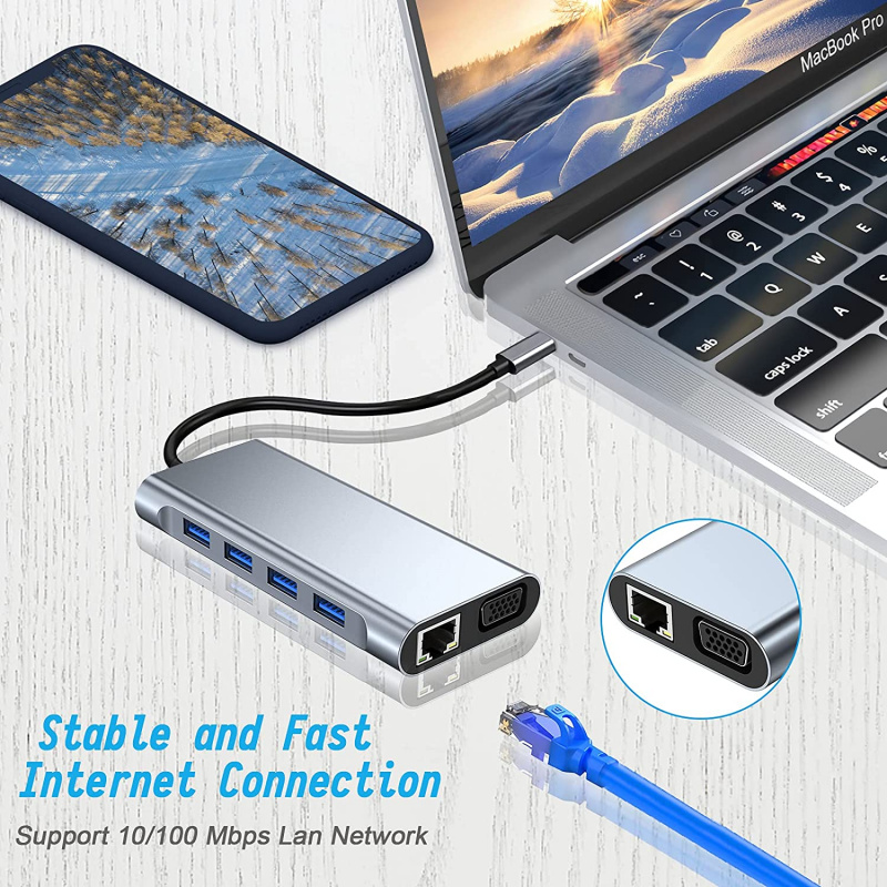11 合 1 USB C 集線器 3.0 C 型塢站多端口適配器，帶 4K HDMI RJ45 SD TF VGA HDMI PD 適用於筆記本電腦 MacBook iPad 小米