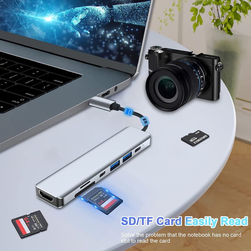 USB C HUB 3.0 轉 4K HDMI 適配器加密狗 USB C 型擴展塢，帶 SD TF 讀卡器 PD RJ45 以太網，適用於 Macbook Pro Air