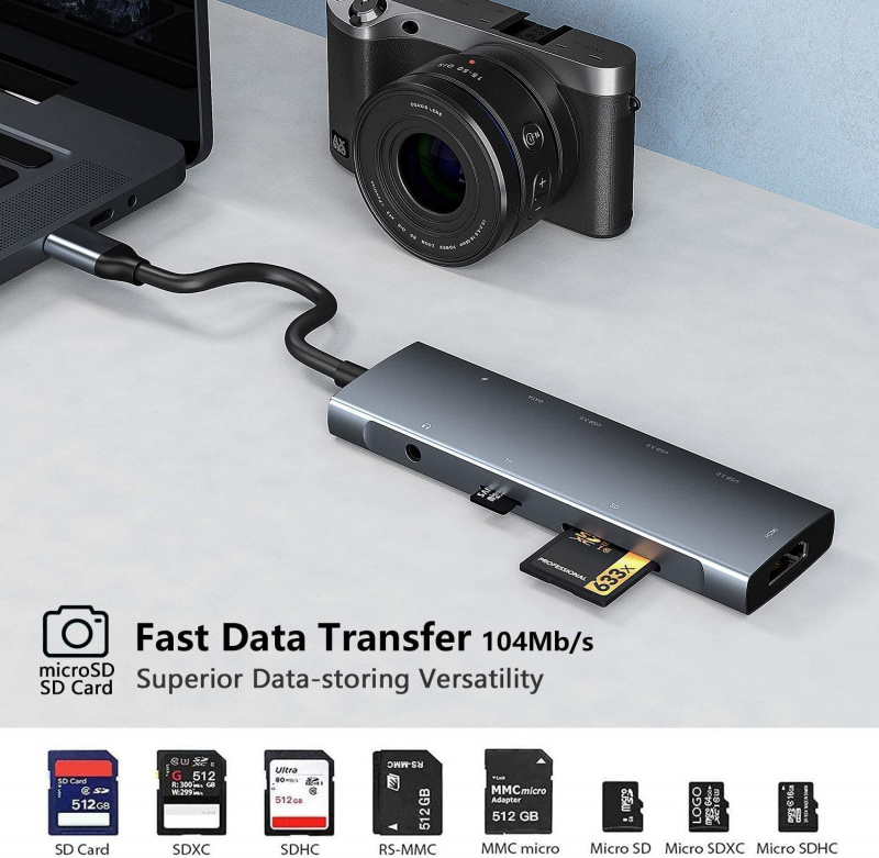 USB C 集線器適配器帶 4K HDMI 100W PD USB-C 3 USB-A TF SD 3.5mm 音頻 Thunderbolt 3 USBC 集線器適用於 iPad Pro MacBook Air Pro,XPS