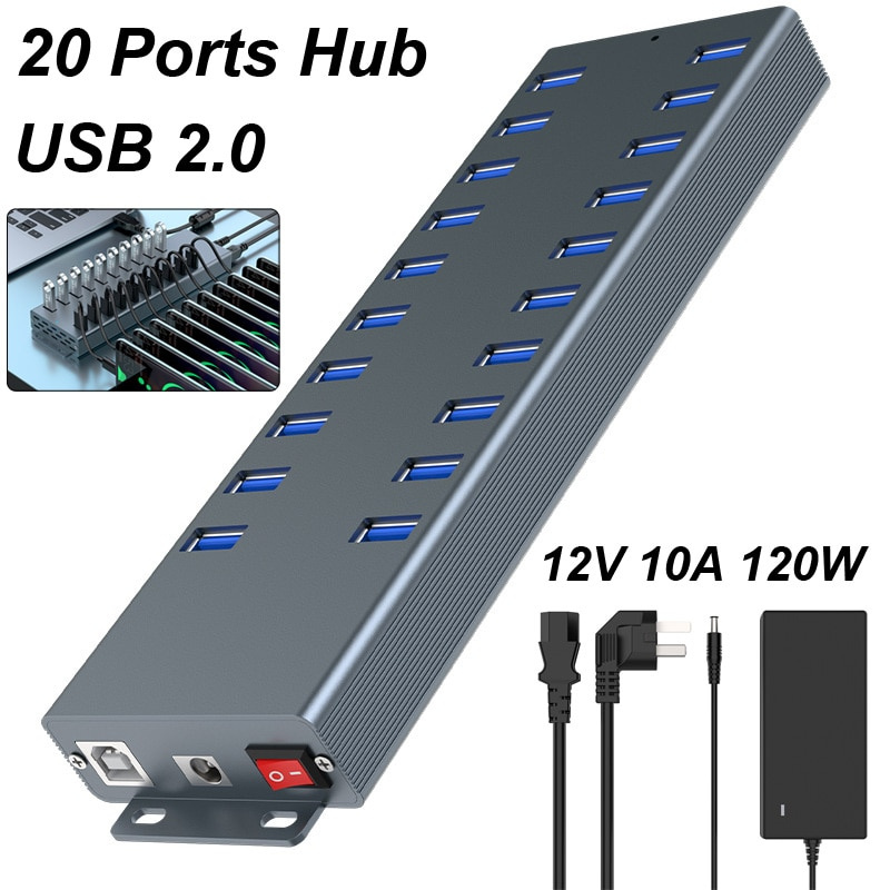 20 端口 USB 2.0 集線器高速數據傳輸快速充電器分離器外部 120W 12V 10A 交流電源線適配器適用於手機平板電腦