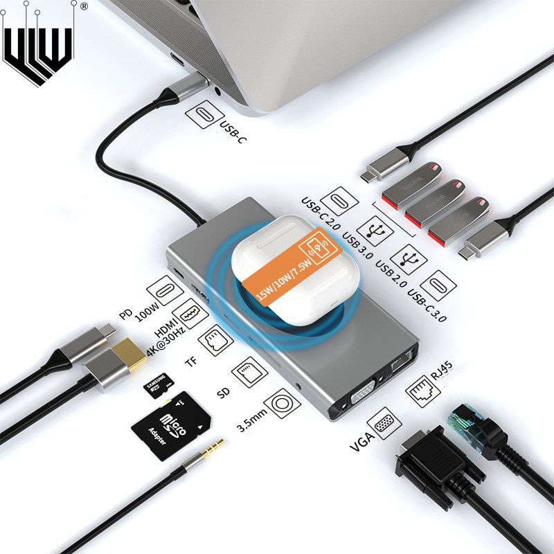 13 14 15 合 1 C 型集線器擴展塢 USB 集線器轉 4K HDMI RJ45 兼容無線充電 PD 100W 快速充電 USB 3.0 適配器