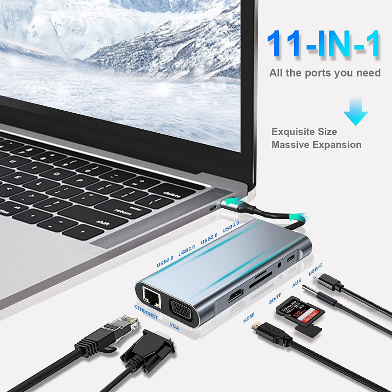 USB C 集線器擴展塢 C 型轉 4K HDMI 適配器 OTG 帶 VGA Thunderbolt 3 PD RJ45 以太網 SD TF 3.5mm 適用於 MacBook Pro Air