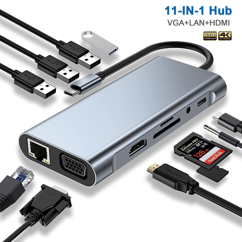 USB C 集線器擴展塢 C 型轉 4K HDMI 適配器 OTG 帶 VGA Thunderbolt 3 PD RJ45 以太網 SD TF 3.5mm 適用於 MacBook Pro Air