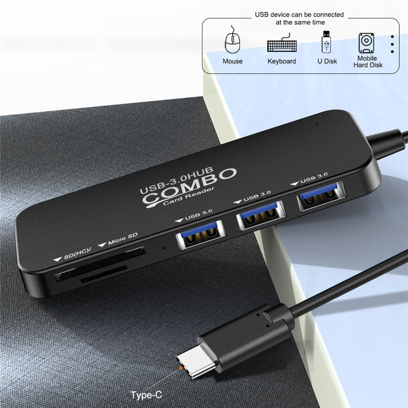 全新 USB Type-C 組合 USB 3.0 集線器高速便攜式 3 端口 USB 分線器讀卡器多合一適用於 SD TF 適用於筆記本電腦