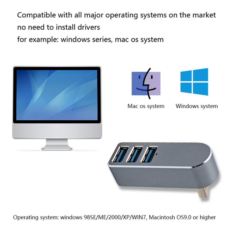 鋁合金迷你 3 端口 USB 3.0 集線器旋轉 USB 分離器適配器適用於 PC 筆記本電腦