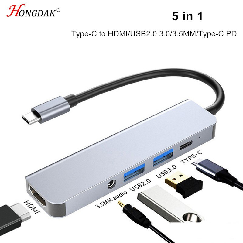 5 合 1 USB C 集線器 C 型轉 4K HDMI USB 3.0 C 型快速充電 3.5 毫米音頻適配器適用於 Macbook Ipad Pro 平板電腦配件