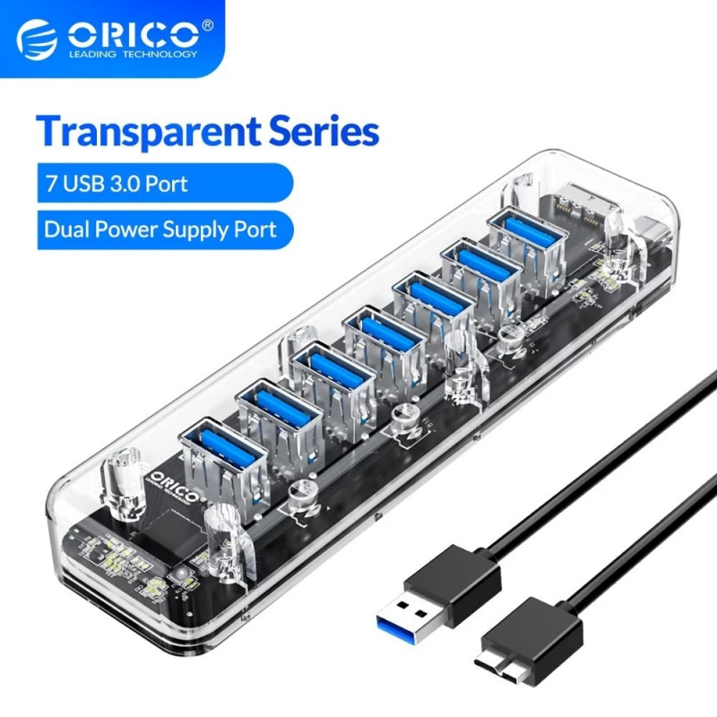 ORICO 透明系列 USB HUB Multi 4 7 端口高速 USB3.0 分配器帶微型 USB 電源端口適用於筆記本電腦 OTG 適配器