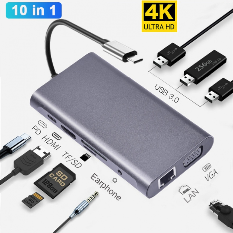 USB C 型集線器 USB C 轉 HDMI 4K VGA 適配器 RJ45 千兆以太網 SD TF USB-C 3.0 3.5 毫米插孔音頻視頻適用於 MacBook Pro OTG
