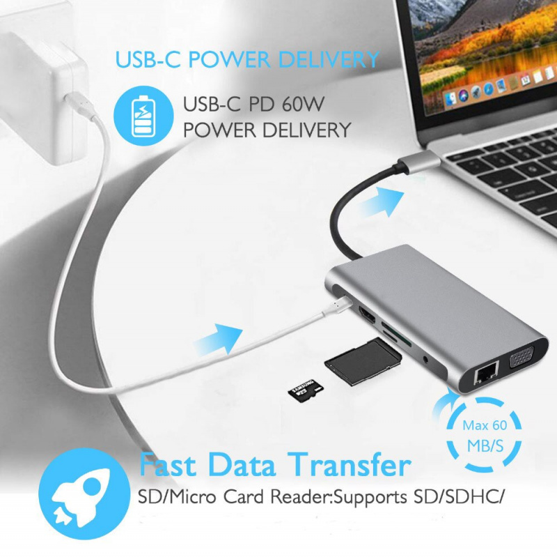 USB C 型集線器 USB C 轉 HDMI 4K VGA 適配器 RJ45 千兆以太網 SD TF USB-C 3.0 3.5 毫米插孔音頻視頻適用於 MacBook Pro OTG