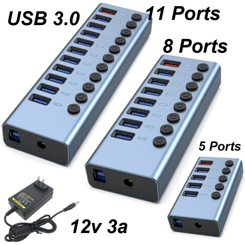 USB 3.0 HUB 5 8 11 端口開關 12V 4A 電源適配器充電器數據傳輸適用於 MacBook Pro PC 電腦鍵盤鼠標硬盤