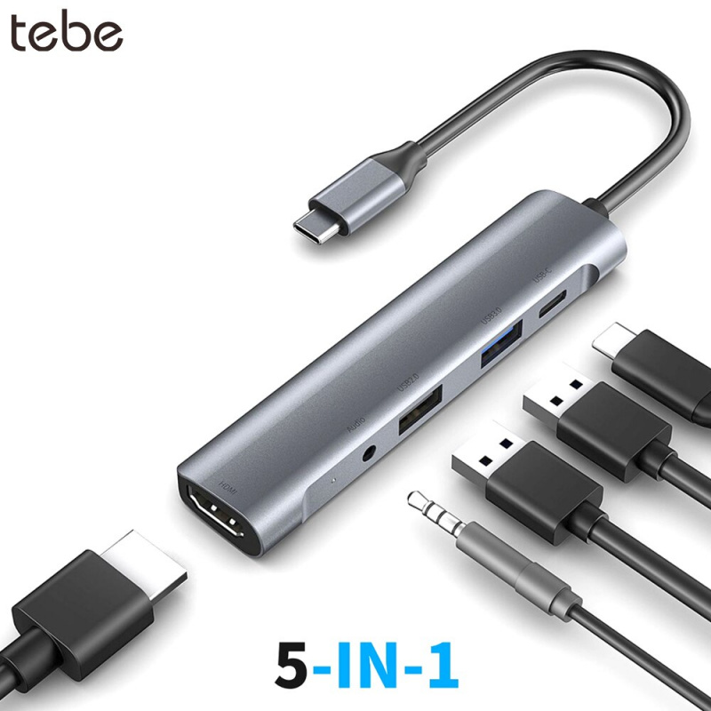 tebe 5 合 1 USB-C 集線器 Type C 至 4K HDMI 適配器 3.5 毫米音頻插孔 USB C 至 USB 3.0 2.0 60W Type-c PD 擴展塢，適用於 Macbook