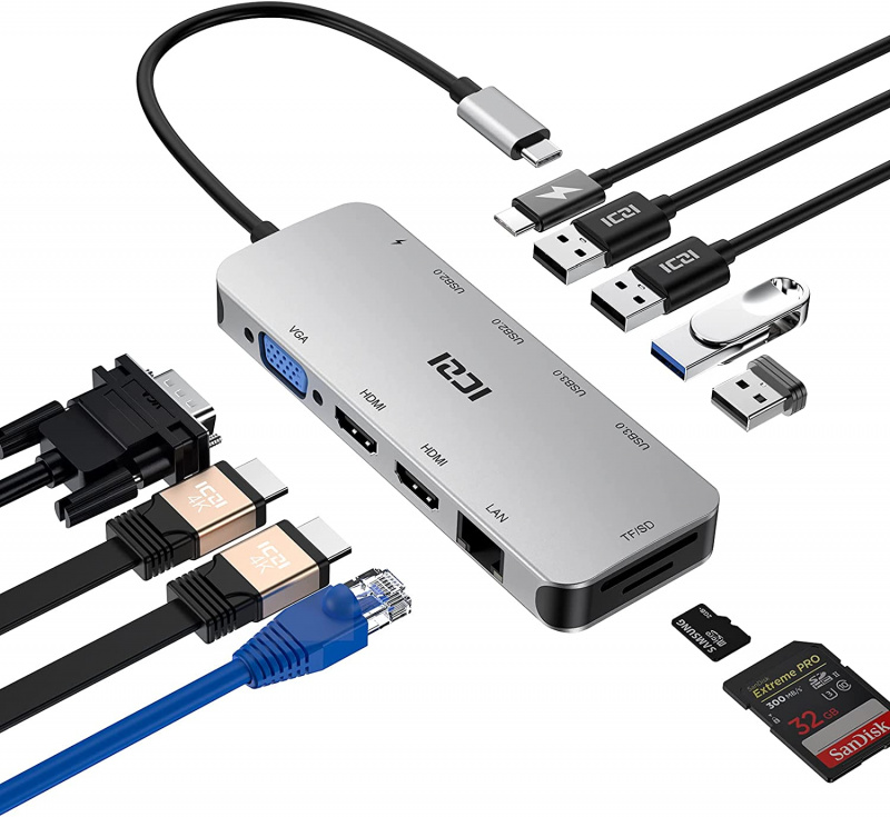 雙 HDMI 擴展塢 ICZI USB C 集線器 11 合 1 USB C 多端口適配器，帶 2 個 HDMI 4K 30Hz、4 個 USB 3.0   2.0、千兆以太網，
