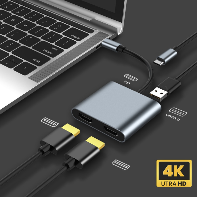 4K C 型轉雙 HDMI 兼容 USB 3.0 PD 轉換器 4 合 1 USB C 塢站集線器 USB 適配器電纜適用於手機 Macbook 筆記本電腦