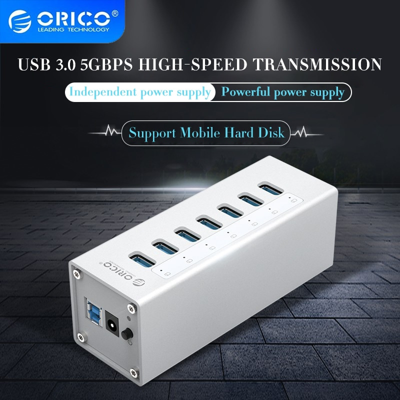 ORICO A3H7 鋁製高速 7 端口 USB 3.0 集線器擴展分離器 USB 適配器擴展塢，帶電源筆記本電腦配件