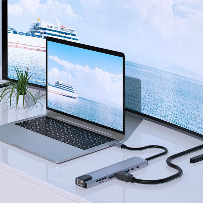 USB C 集線器多端口適配器 8 合 1 USB C 集線器，帶 4K HDMI 兼容緊湊型 USB C 底座以太網適配器，適用於大多數 USB Type C