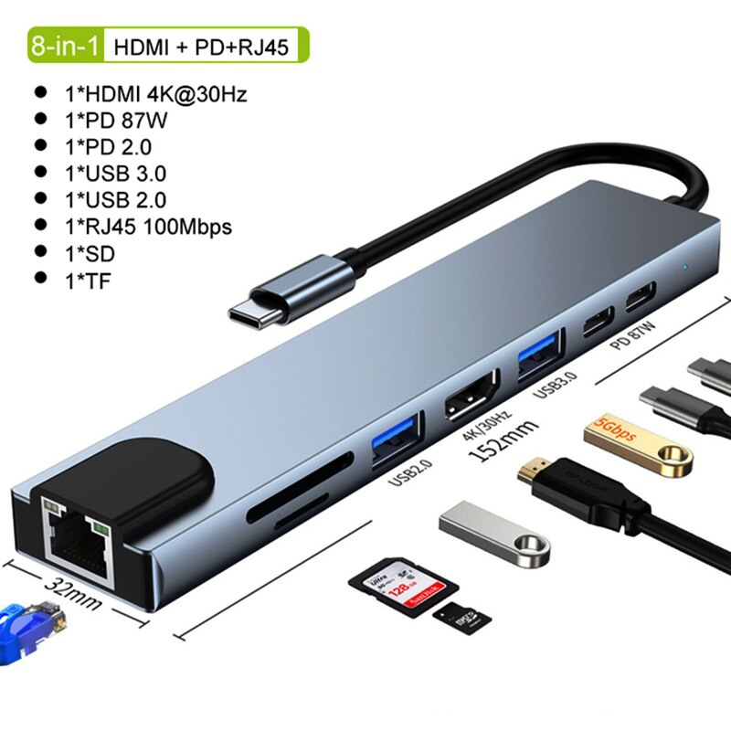 電纜公對母轉換器多 USB 分離器適配器適用於 MacBook 4K HDMI 兼容 USB-C 分離器 USB 11 8 6 合 1 OTG 集線器